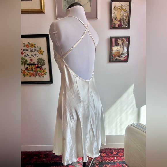 Vintage/Y2K Ivory Satin Slip Dress with Pintuck Bodice & Rosette Detail - Picture 3 of 5